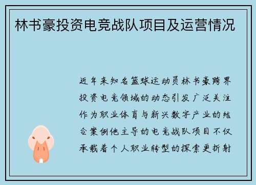 林书豪投资电竞战队项目及运营情况